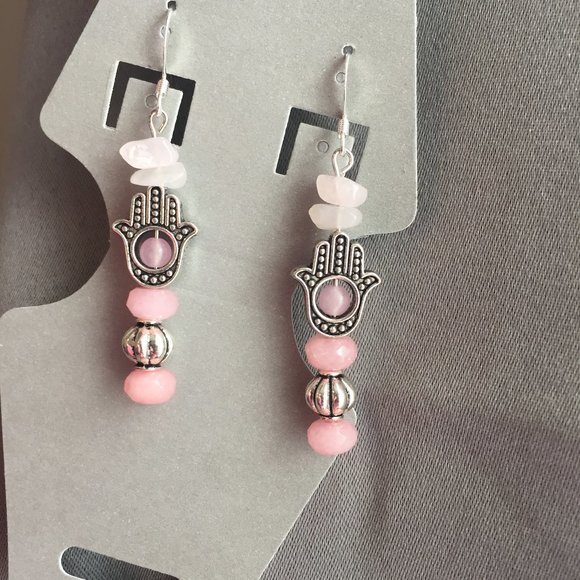 Rosey Transition - Rose Quartz raw stones stacked - Hand of Hamsa Earrings - Picture 5 of 6